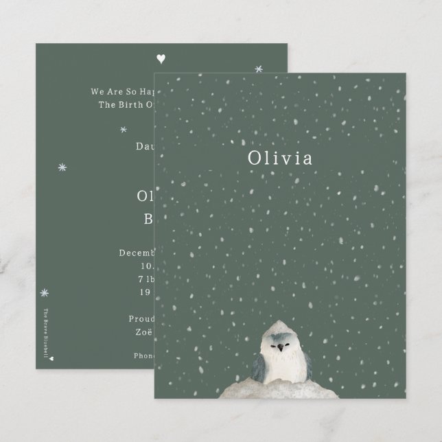 Birth Announcement Card Little Bird In The Snow (Front/Back)