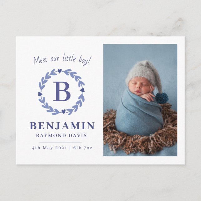 Birth Announcement cards, Boys monogram Postcard (Front)
