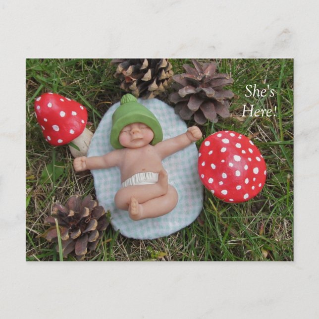 Birth Announcement: Clay Baby, Mushrooms, Grass Announcement Postcard (Front)