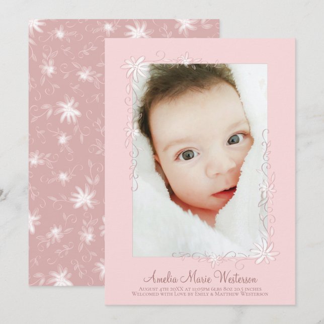 Birth Announcement Girl Vintage Pink  (Front/Back)