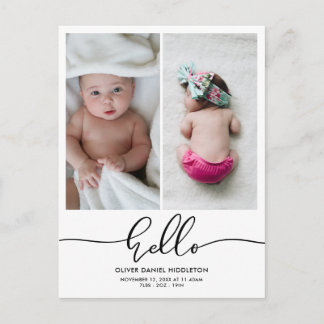 Birth Announcement Hello Modern Script Photo Postcard