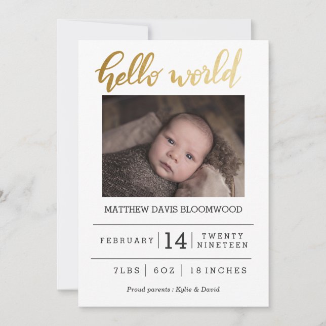 Birth Announcement Hello World Handwritten Photo (Front)