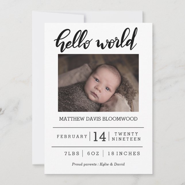 Birth Announcement Hello World Handwritten Photo (Front)