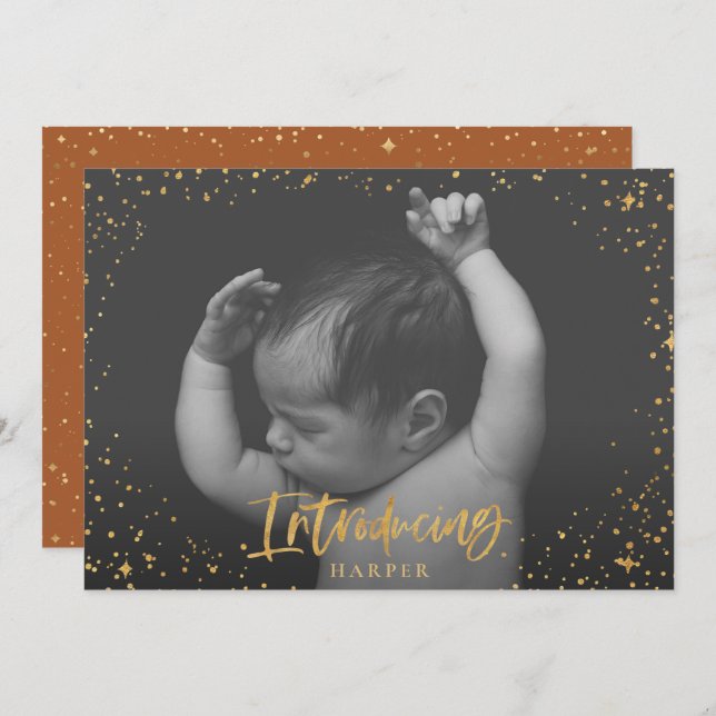 Birth announcement introducing gold script stars (Front/Back)