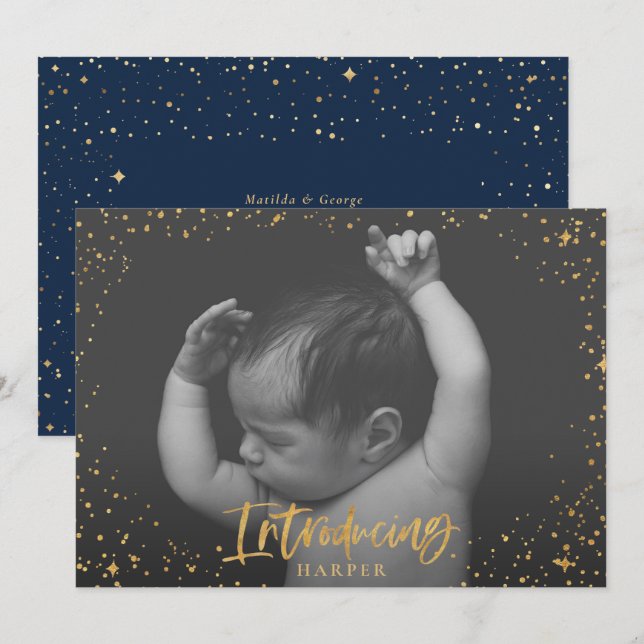Birth announcement introducing gold script stars (Front/Back)