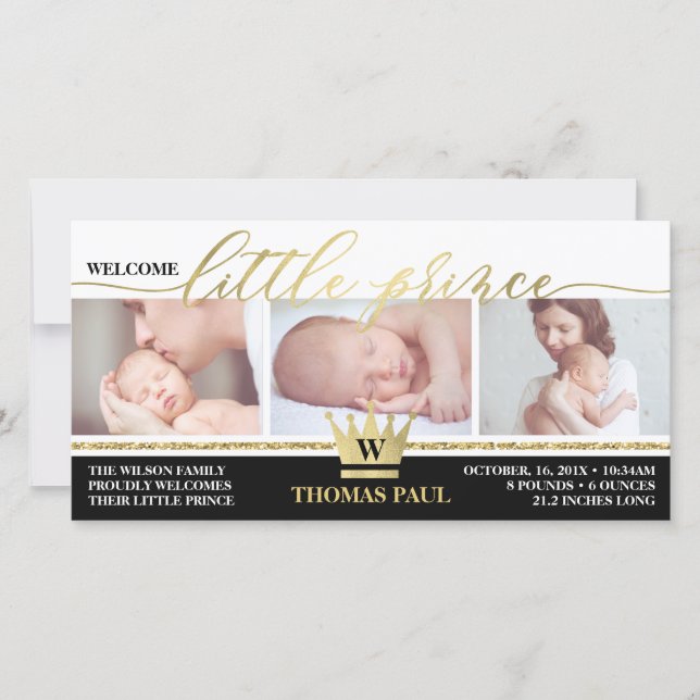 Birth Announcement, Little Prince, Faux Gold Foil Announcement (Front)