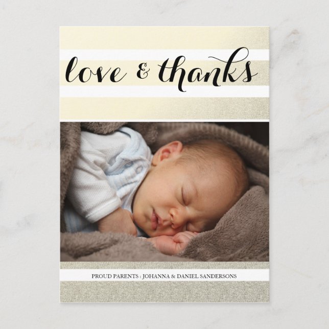 Birth Announcement Love Thanks Gold Stripes Photo Postcard (Front)
