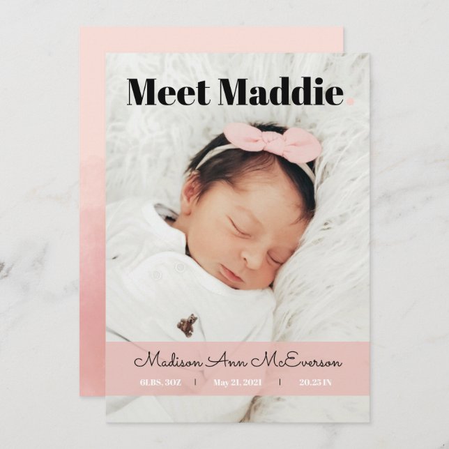 Birth Announcement Meet Baby Pink Blush Simple (Front/Back)