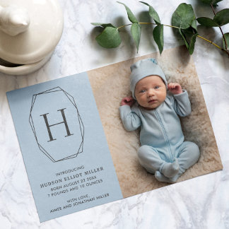 Birth Announcement Monogram Modern Blue Card