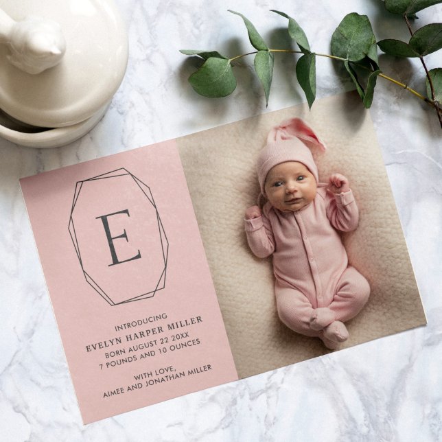 Birth Announcement Monogram Modern Pink Card (Modern monogram birth announcement card in pink)