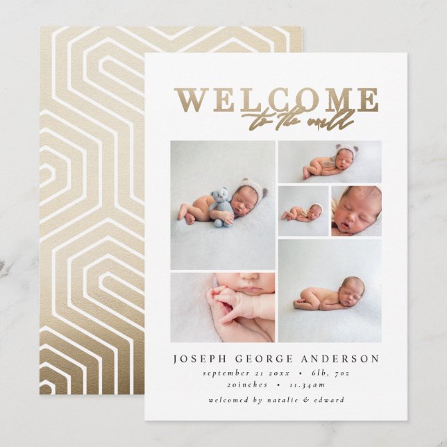 Birth announcement multi photo gold geometric (Front/Back)