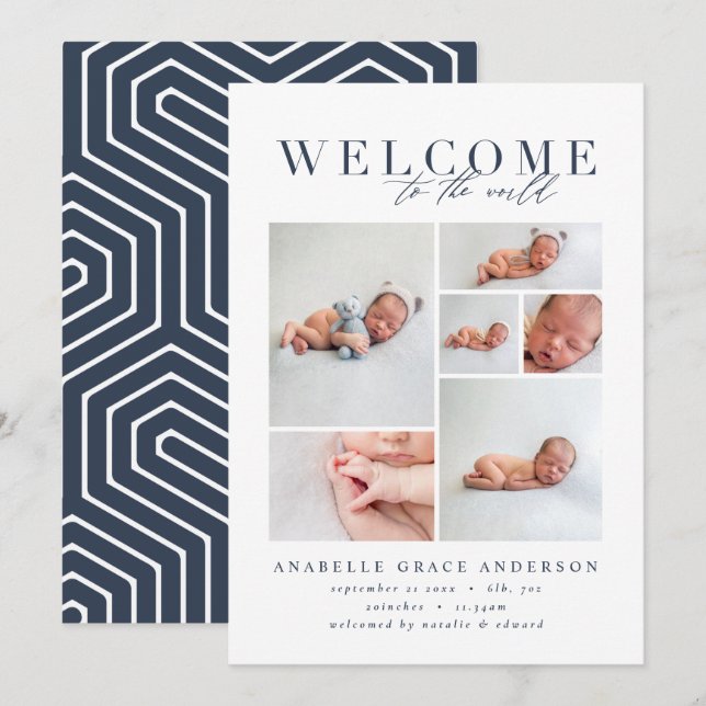 Birth announcement multi photo navy geometric (Front/Back)
