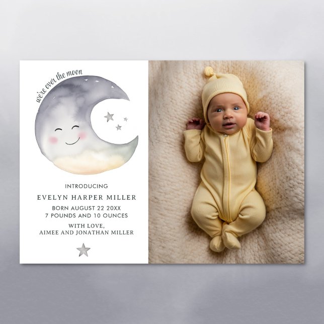 Birth Announcement Over The Moon Watercolor Card (Over the moon whimsical birth announcement card)