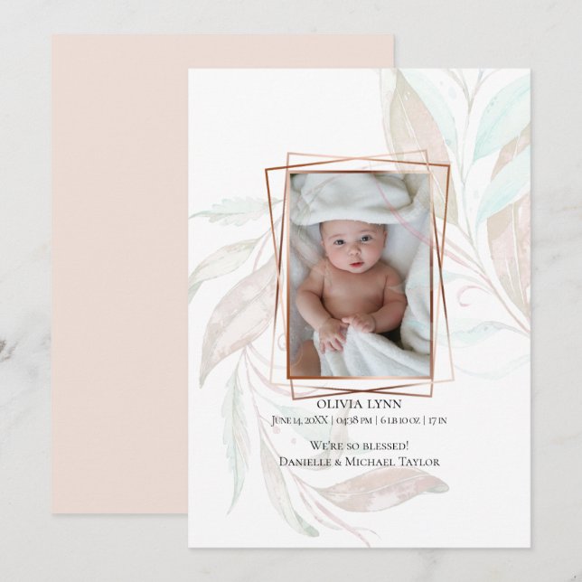 BIRTH ANNOUNCEMENT Pastel Watercolor Wispy Foliage (Front/Back)