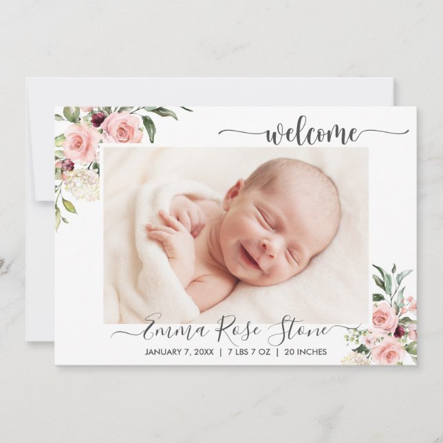 Birth Announcement Photo Card Pink Roses (Front)