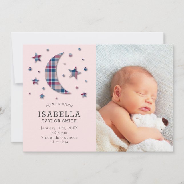 Birth Announcement Photo Card | Plaid Moon Stars (Front)