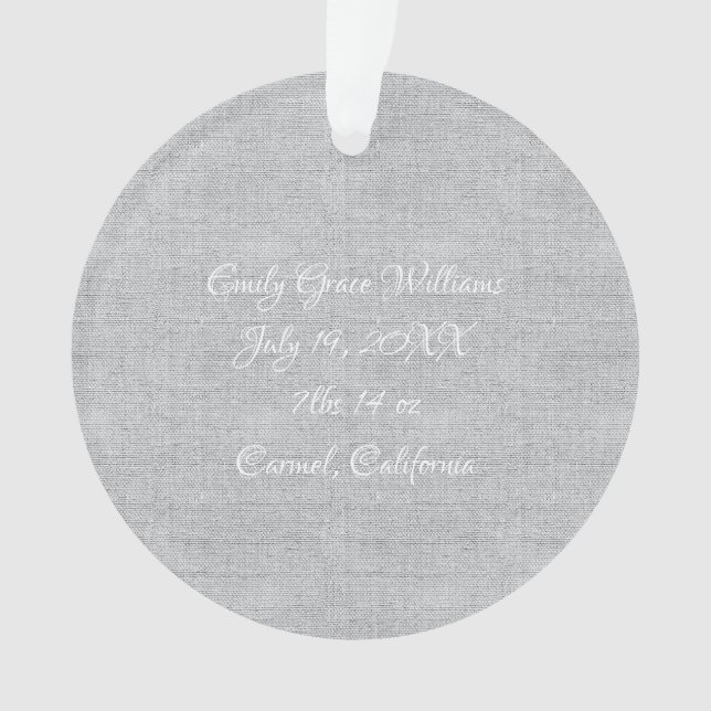 Birth Announcement PHOTO Grey Linen Keepsake Ornament (Front)