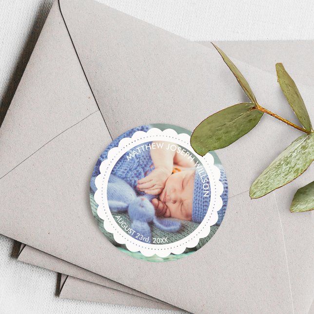 Birth Announcement Photo Personalised Classic Round Sticker (Birth Announcement Photo Personalized Classic Round Sticker)