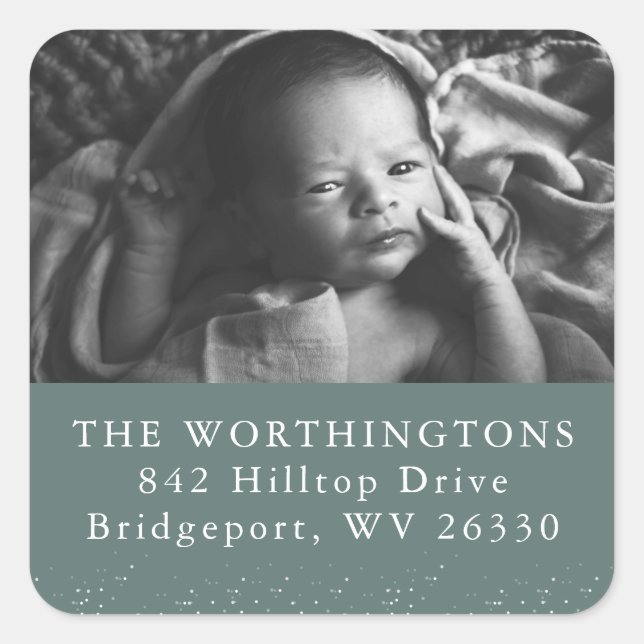 Birth announcement photo return address square sticker (Front)