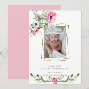 Birth Announcement   Pink Watercolor Poppies