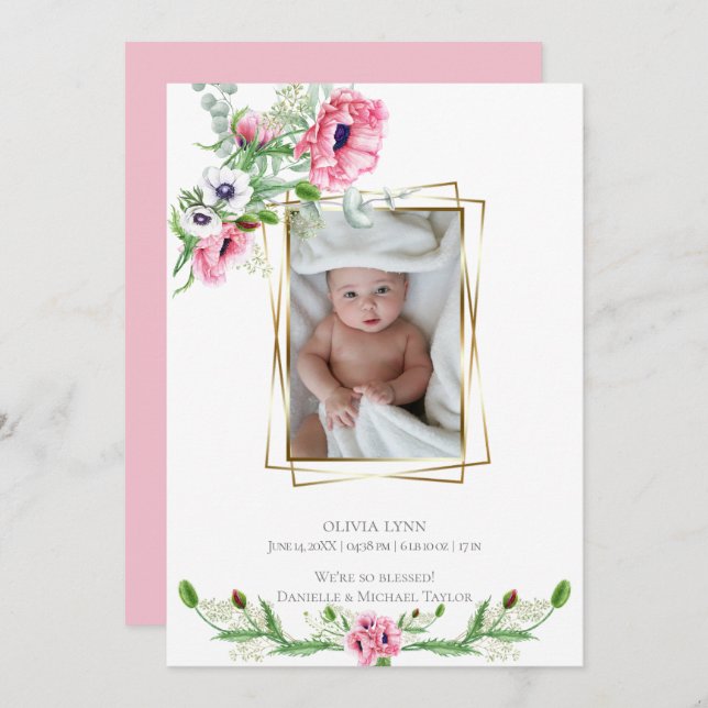Birth Announcement | Pink Watercolor Poppies (Front/Back)