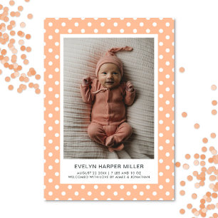 Birth Announcement Polka Dots Peach Modern Card
