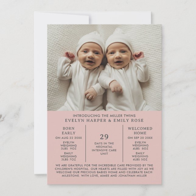 Birth Announcement Preemie Twins NICU Pink Card (Front)