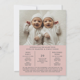 Birth Announcement Preemie Twins NICU Pink Card