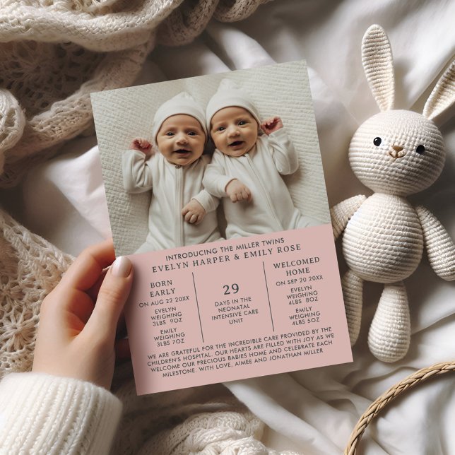 Birth Announcement Preemie Twins NICU Pink Card (Creator Uploaded)