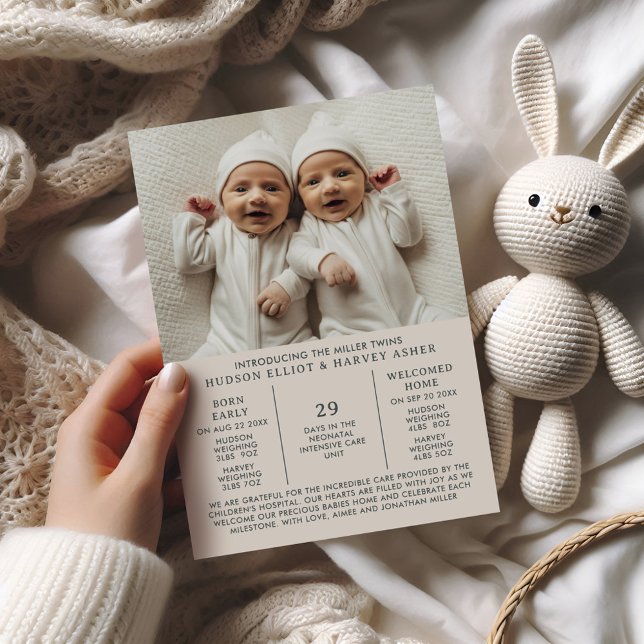 Birth Announcement Preemie Twins NICU Taupe Card (Creator Uploaded)