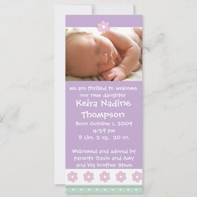 Birth Announcement - Purple/Green/Pink Flowers (Front)