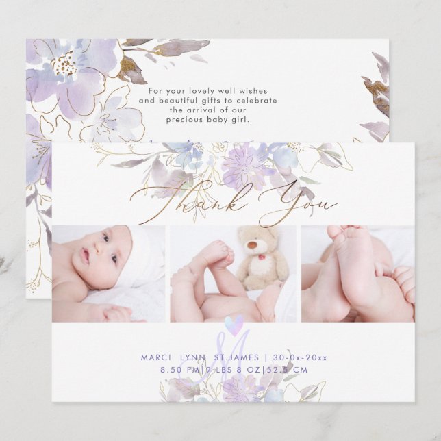 Birth Announcement Shower Thank U Purple Sweet Pea (Front/Back)