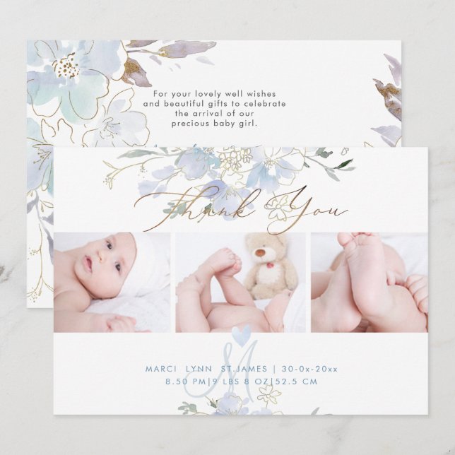 Birth Announcement+Shower Thank You Blue Sweet Pea Invitation (Front/Back)