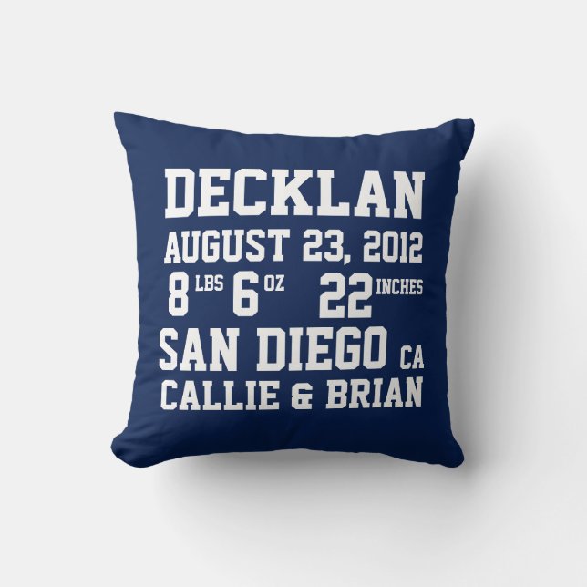 Birth Announcement Stats Navy Pillow (Front)