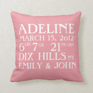 Birth Announcement Stats Pink Pillow