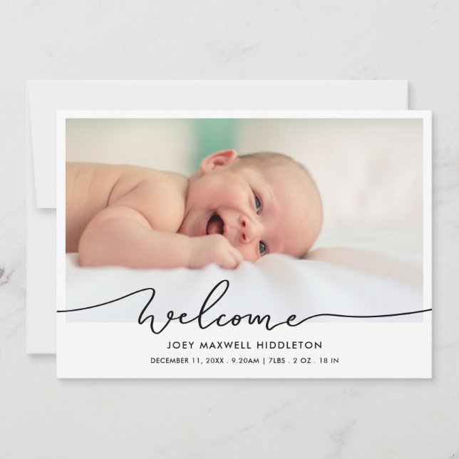 Birth Announcement Welcome Script Newborn Photo (Front)