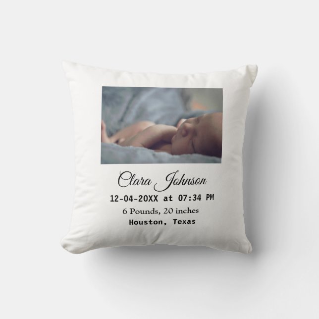 Birth announcements add photo date time place deta cushion (Front)