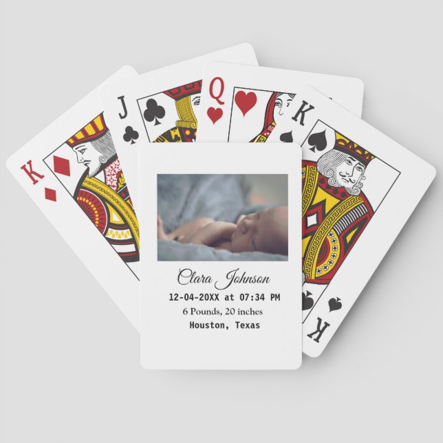 Birth announcements add photo date time place deta playing cards (Back)