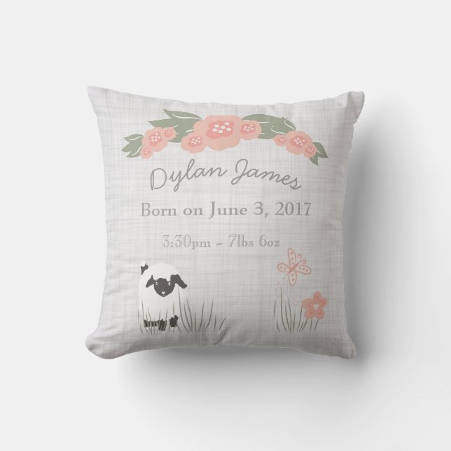 Birth Baby Pillow Lamb Boy Girl Nursery (Front)