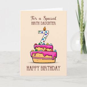 Birth Daughter 7th Birthday, 7 on Sweet Pink Cake Card