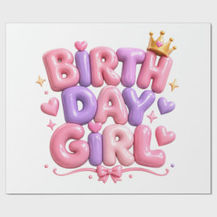 Birth Day Girl Balloon Letters PNG Cute Pink Bir Wrapping Paper