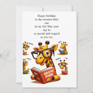 birth day wishes card with girafee reading book