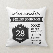 Birth Details Black White Pillow - Monochrome Art