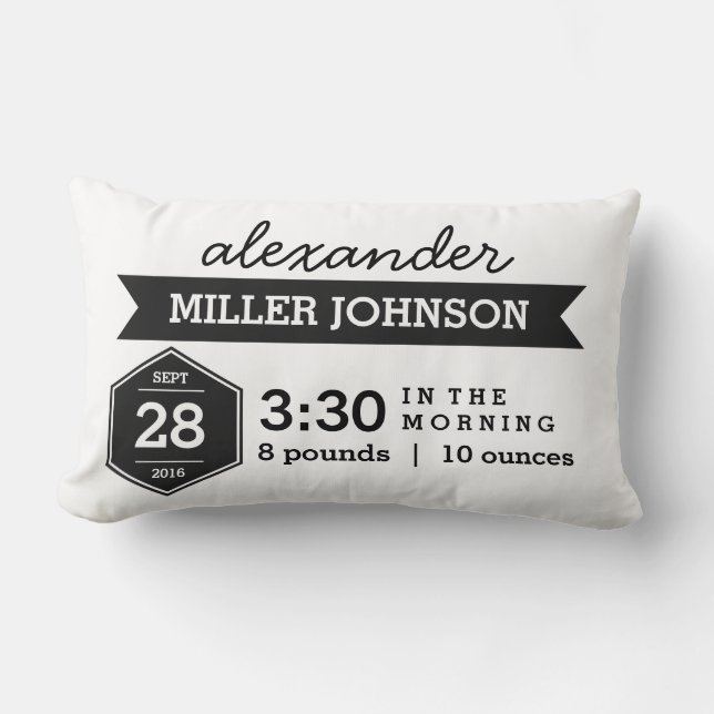 Birth Details Black White Pillow - Monochrome Baby (Front)