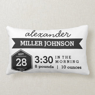 Birth Details Black White Pillow - Monochrome Baby