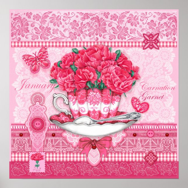 Birth Flower and Gem January Teacup Poster (Front)