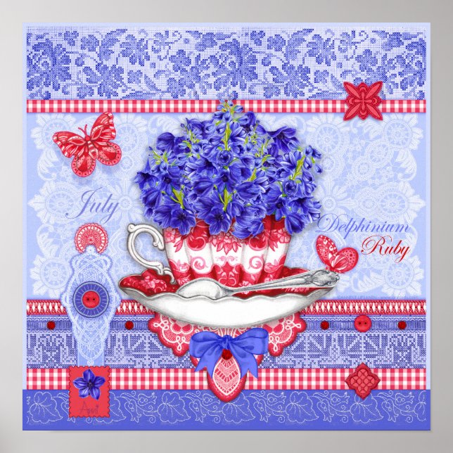 Birth Flower and Gem July Teacup Poster (Front)