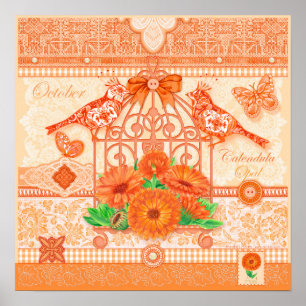 Birth Flower and Gem October Birdcage Poster