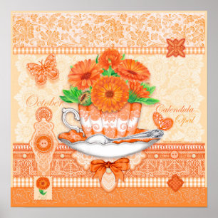 Birth Flower and Gem October Teacup Poster
