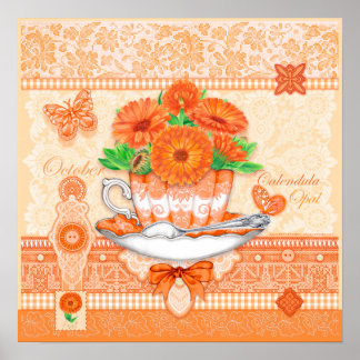 Birth Flower and Gem October Teacup Poster 16"